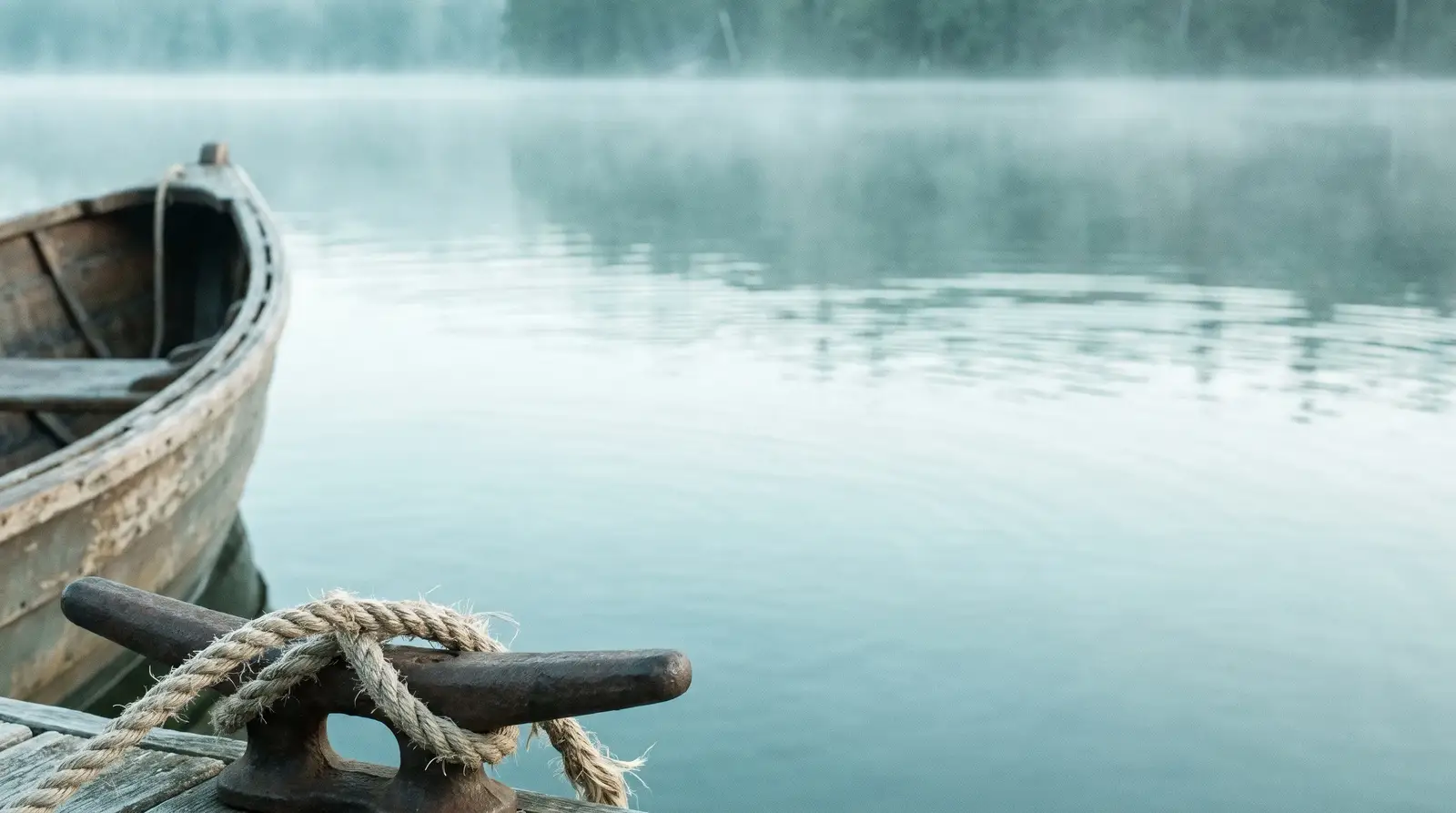 Concept art: A rowboat tied to a dock on a misty lake