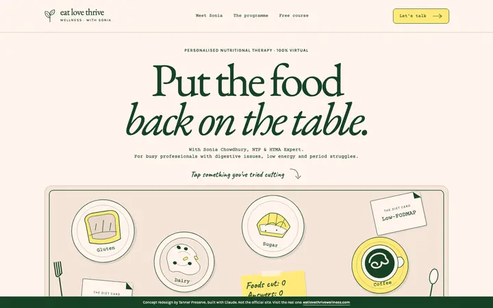 The homepage of the concept for Eat Love Thrive Wellness