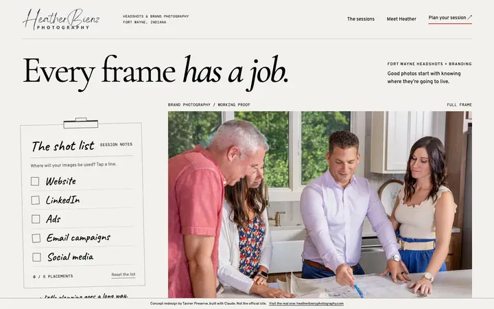 The homepage of the concept for Heather Bienz Photography