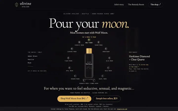 The homepage of the concept for Olivine Atelier